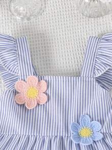 Elladie kids 女童夏季清新蓝白条纹荷叶边A字蛋糕裙，饰有钩编3D花朵，甜美活泼，适合休闲、生日派对、度假等场合。 - 藍白色 - 查看 3