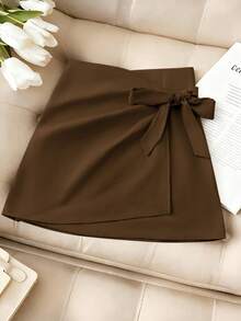 SHEIN LUNE Women's Khaki High Waist A-Line Mini Skirt,Asymmetrical Bow-Tie Decor Woven Fabric French Chic Style Skirt,All Shades Of Brown,Winter,Elegant,Office - Brown - View 3