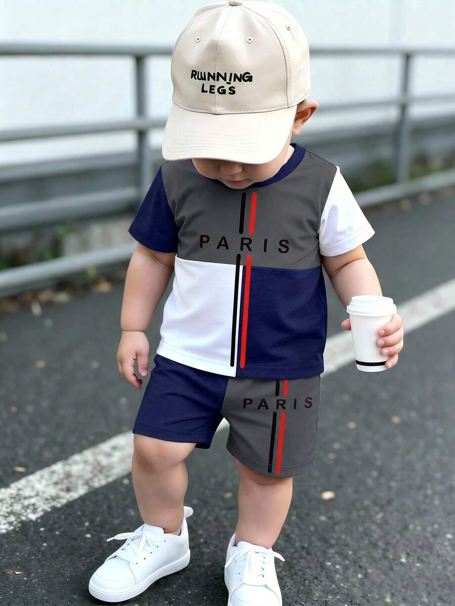 2pcs Baby Boy Outfit, Fashionable Minimalist Letter Pattern & Colorblock Paris Stripe Print Round Neck Short Sleeve T-Shirt With Colorblock Shorts, Suitable For Summer Outings - Multicolor - View 1