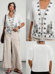 Travachic Plus Size Floral Embroidered Knotted Casual Short Sleeve Shirt - Multicolor - View 8