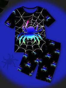 SHEIN 2pcs Kids Tween Boy Snug Fit Fluorescent Spider Print Crew Neck Short Sleeve Shorts Soft Sleepwear Set, Suitable For Spring And Summer Home Wear - Multicolor - View 3
