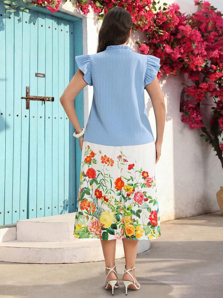 Plus Size Women's Romantic Vacation Printed Skirt Set