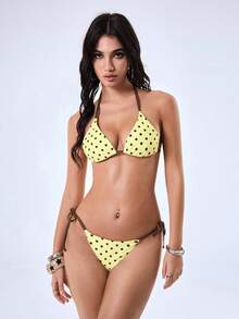 Y2Kool Vecteezy Y2K Sexy Colorblock Polka Dot Yellow Crop Top Bikini Set, Casual Streetwear For Women, Suitable For Spring/Summer Parties Club Vacation, Beach - Yellow - View 3
