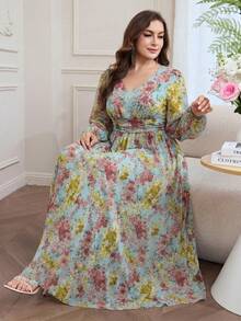 Modelyn Vestido largo de gasa con estampado floral de manga larga y corte evasé, talla grande, primavera/verano - Multicolor - Ver 1