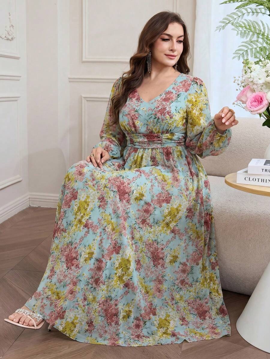 Modelyn Vestido largo de gasa con estampado floral de manga larga y corte evasé, talla grande, primavera/verano - Multicolor - Ver 1