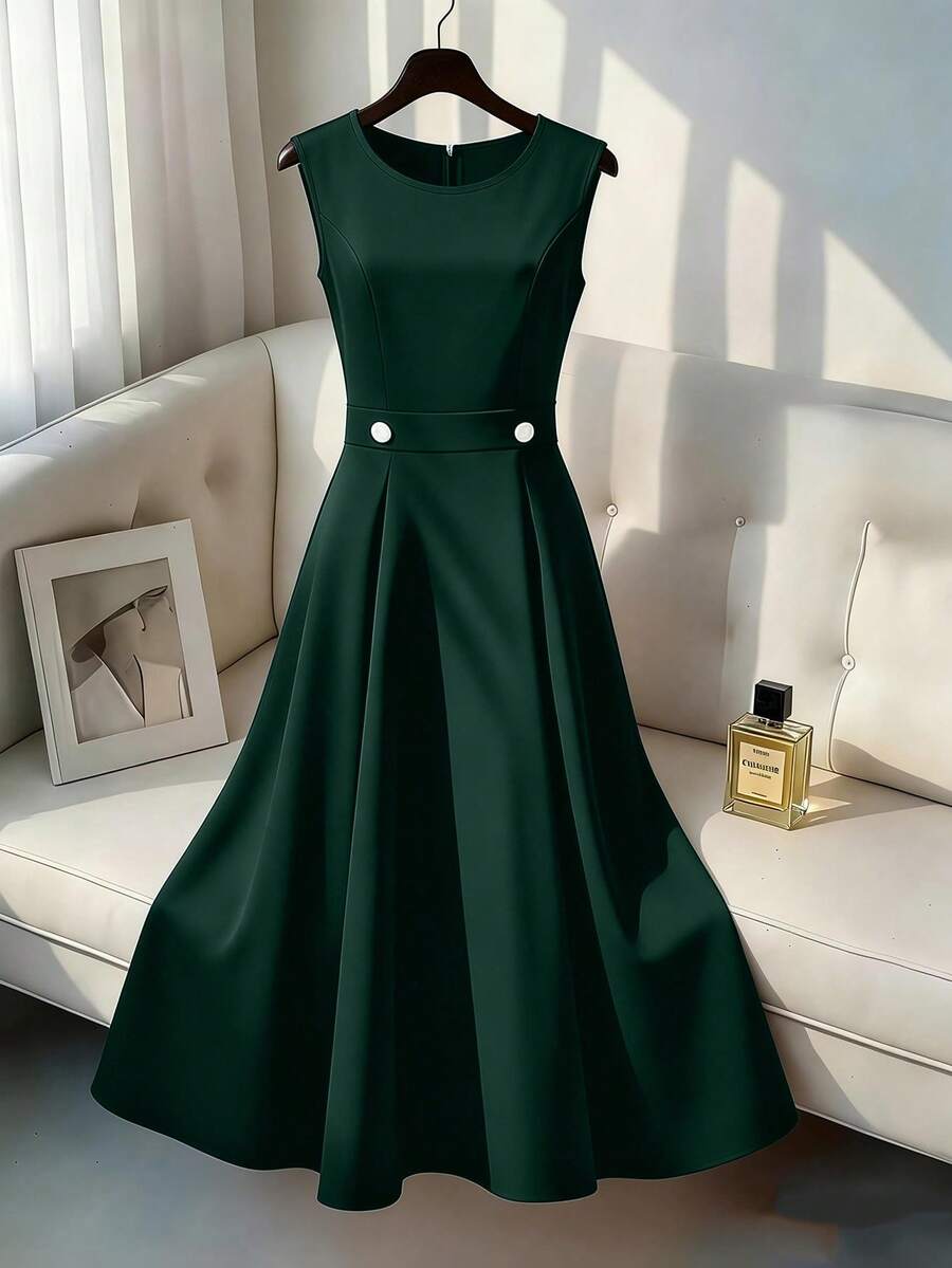 GlowEve CURVE Plus Size Solid Color Round Neck Button Decor Elegant Sleeveless Dress - Dark Green - View 1