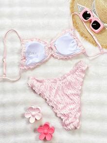 Vaytide Bộ đồ bơi bikini đi biển thường ngày SXY-D vải jacquard trơn màu dễ thương có dây buộc có thể điều chỉnh cho nữ - Hồng - Xem 7