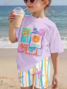 Conjunto de camisetas casuales de manga corta y hombros caídos, sueltas y versátiles para niñas preadolescentes, para el verano - Multicolor - View 4