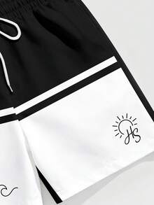 VIVINTIMO Men's Casual Black Summer Beach Shorts,Sailboat Line Print Contrast Patchwork Design,Lightweight Breathable Holiday Vacation Hawaii Holiday Gift - Multicolor - View 3