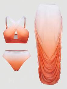 Slaydiva Plus Size Vacation Beach Gradient Bikini Swimsuit With Ruffle Cover-Up Skirt Set - Multicolor - View 8