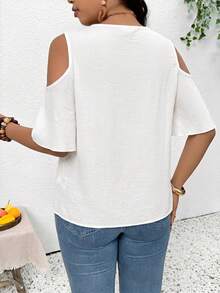 SHEIN Frenchy Plus Size Casual Lace Patchwork Off-Shoulder Blouse - White - View 5