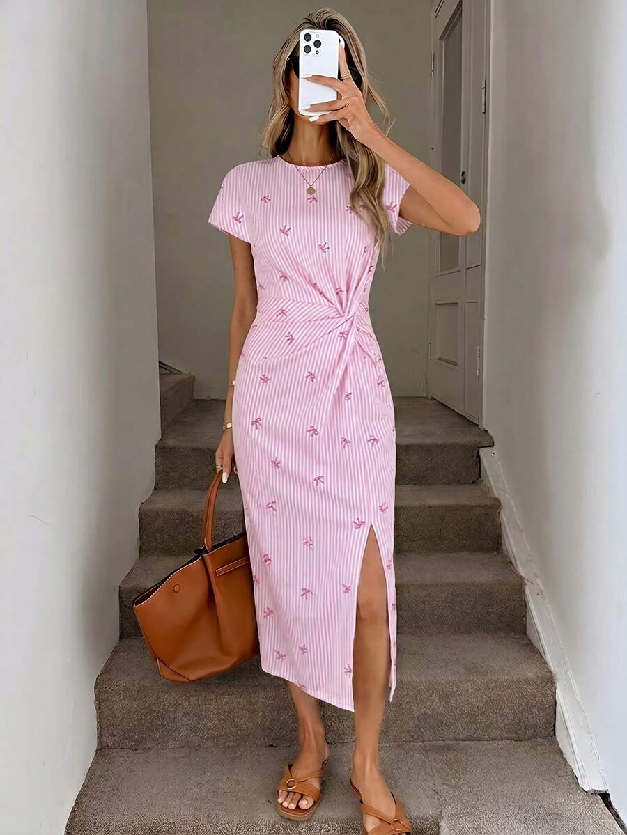 Easowa Đầm midi không tay dáng suông, họa tiết sọc hồng tối giản, thắt nơ, eo xoắn, xẻ cao, kiểu dáng thanh lịch, chất liệu dệt kim mềm mại, thích hợp mặc đi sinh nhật, tập thể dục, dự tiệc cưới hoặc đi làm. - Nhiều màu - Xem 1