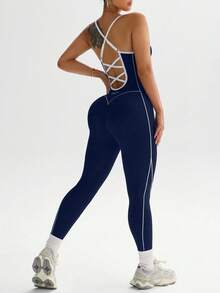 SHEIN Sports 大码女式条纹撞色修身运动连体裤 - 藏蓝色 - 查看 7