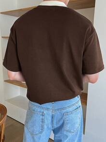 DAZY Men's Summer Letter Print Colorblock Polo Shirt - Brown - View 2