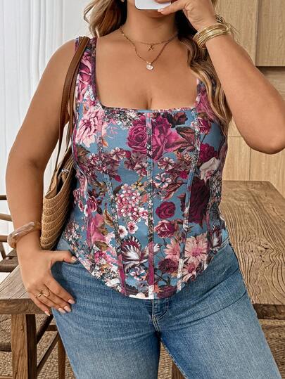SHEIN CURVE+ Áo camisole nữ cỡ lớn mùa hè, kiểu dáng thường ngày, in hoa, cổ vuông, ôm sát.