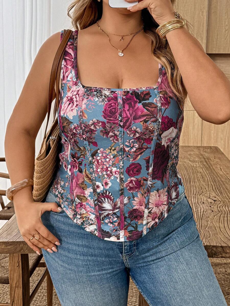 SHEIN CURVE+ 大码女式夏季休闲度假印花方领修身吊带衫 - 彩色 - 查看 1