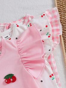SHEIN Gentle Purple Stripe, 3D Bow Pattern, Young Girl Casual Simple Versatile Round Neck Cap Sleeve T-Shirt 1pc Suitable For Spring/Summer Daily Wear, - Multicolor - View 8