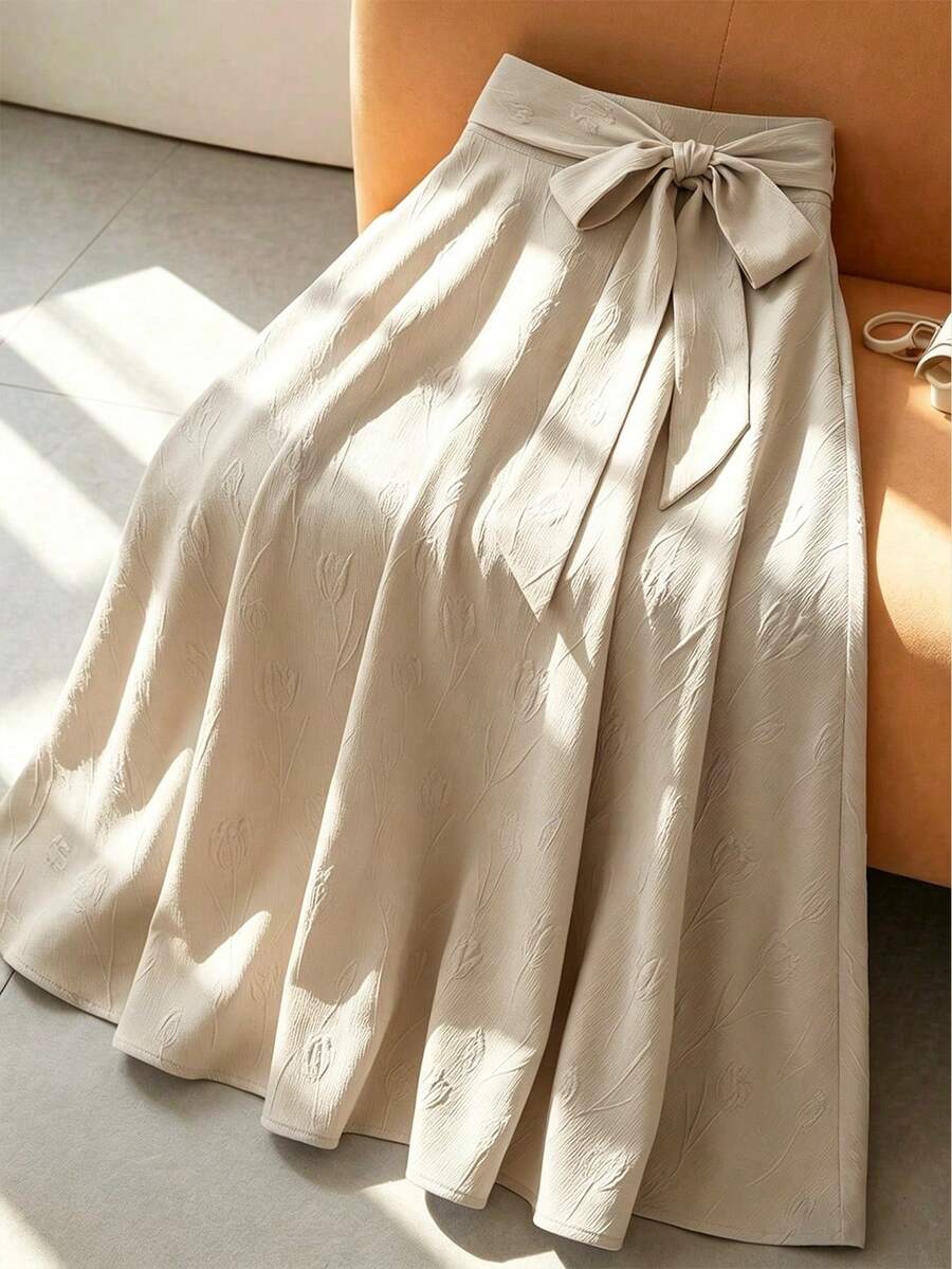 Franclia 新款夏季女士休闲百搭优雅时尚系带印花高腰A字中长裙,适合工作、日常穿着、约会等场合。 - 卡其色 - 查看 1