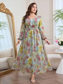 Modelyn Vestido largo de gasa con estampado floral de manga larga y corte evasé, talla grande, primavera/verano - Multicolor - Ver 3