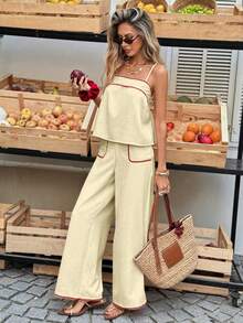Selianne French Retro Casual Tropical Women Set,Strapless Camisole Top,Contrasting Ruffle Trim,Loose High Waist Pants With Pockets,Beige,Summer,Boho - Pale Yellow - View 5