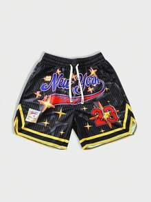ROMWE MEN Street Life Quần short nam mùa hè kiểu dáng thường ngày, kẻ sọc, in hình ngôi sao và chữ cái. - màu đen - Xem 1
