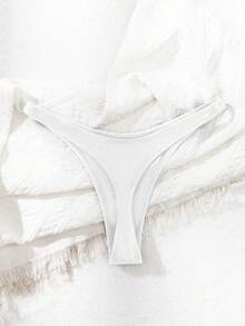 Swim Basics Summer Beach Solid Color Low Rise Triangle Bikini Bottom - White - View 2