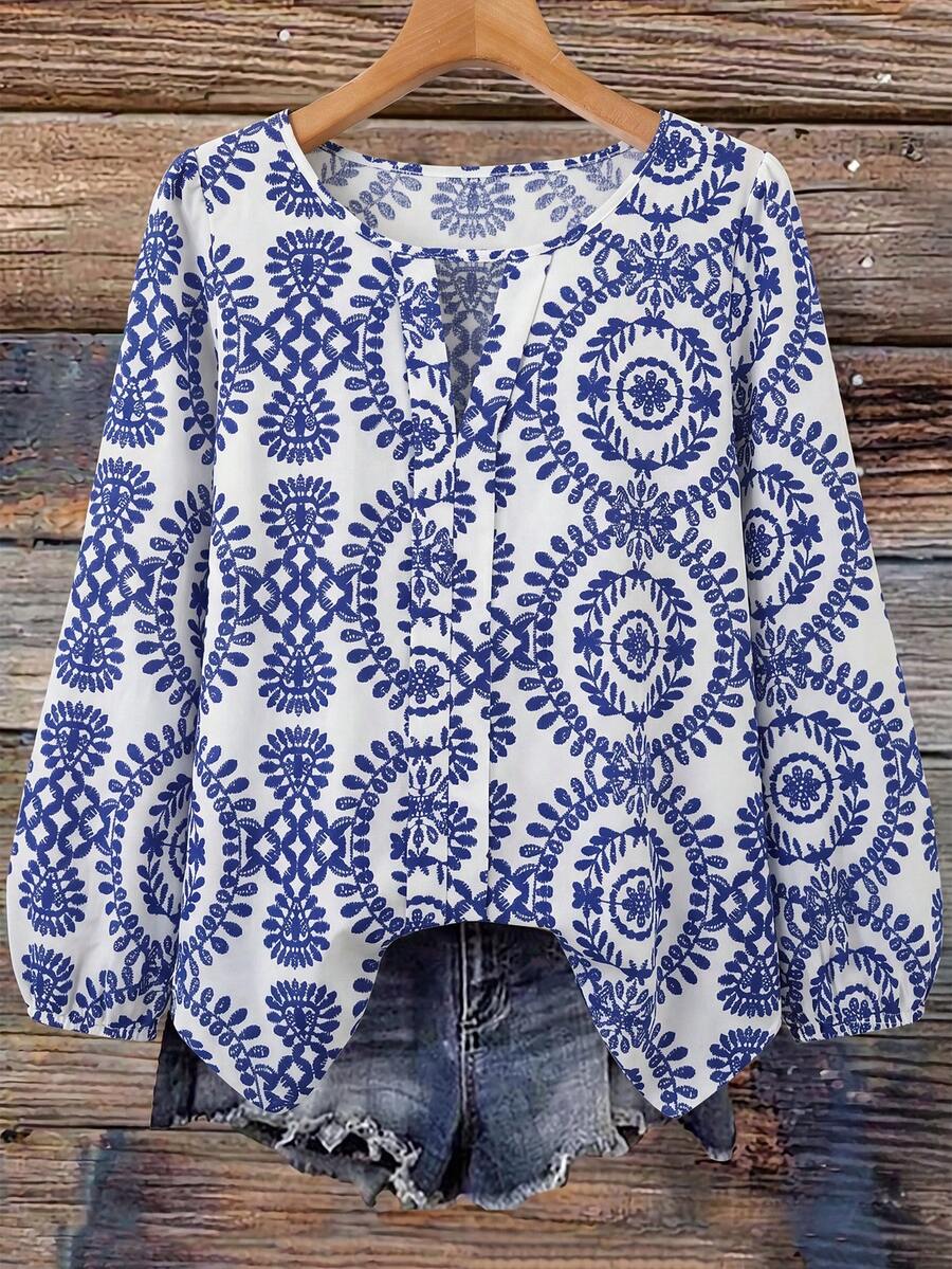 SHEIN Franclia Áo kiểu nữ thanh lịch in hoa, cổ chữ V, tay lỡ, dáng ôm tôn dáng, phù hợp cho trang phục mùa xuân/hè. - Nhiều màu - Xem 1