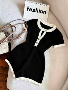 SHEIN Franclia Women's Casual Solid Color Contrast Round Neck Jumpsuit - Black - View 1
