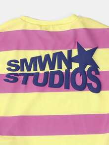SUMWON Studios Striped Co-Ord Set Cropped T-Shirt And Shorts Bold Horizontal Stripe Star Logo Summer - Pink - View 4