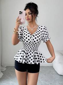 SHEIN LUNE Random Print Summer Women's Blouse, Polka Dot Print, Deep Shirred With Ruffle Trim, Puff Sleeves, Cinched Waist, Heavy Pleating, Slimming A-Line - White - View 6