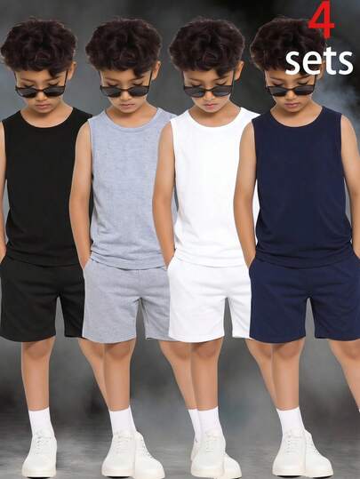SHEIN 4 st. ärmlösa toppar för tween-pojkar, lämpliga för vår/sommar, mångsidiga för pendling, skola, fritid, sport, semester