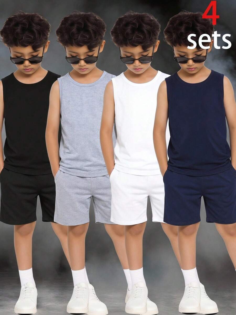SHEIN 4件装男童休闲舒适无袖上衣，适合春夏穿着，用途广泛，可用于通勤、上学、休闲、运动、度假等场合。