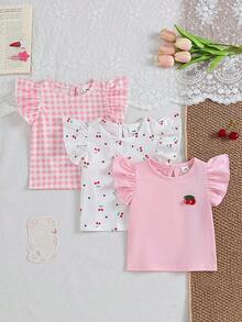 SHEIN Gentle Purple Stripe, 3D Bow Pattern, Young Girl Casual Simple Versatile Round Neck Cap Sleeve T-Shirt 1pc Suitable For Spring/Summer Daily Wear, - Multicolor - View 5