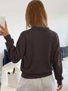 Livesso Women's Solid Color Integrated Knit Collar Polo Neck Casual Commuter Knit Top, Spring/Summer - Coffee Brown - View 2