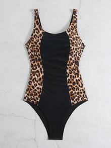 Swim Lushoire 2026新款 Lushoire 女士优雅修身圆领褶皱拼接粉色热带花卉连体泳衣，适合海滩度假 - 黑色 - 查看 7