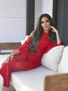Alya Khalil 2025 秋冬新款优雅通勤纯色修身亮红色十字领口和流苏长袖女式连体裤，适合派对和日常外出、乡村音乐会服装、万圣节、圣诞节、夜间外出、婚礼宾客礼服、生日礼服、女士早午餐服装、日常外出 -A - 紅色 - 查看 4