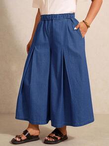 Elaquor Plus Size Solid Color Slant Pocket Elastic Waist Casual Traditional Denim Skorts Brunch Date Night Hiking Blue Autumn - Medium Wash - View 5