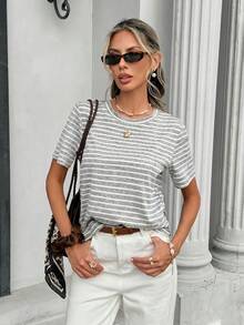 SHEIN Frenchy Áo thun ngắn tay kẻ sọc kiểu dáng thường ngày dành cho nữ, thích hợp cho mùa hè. - Xám - Xem 4