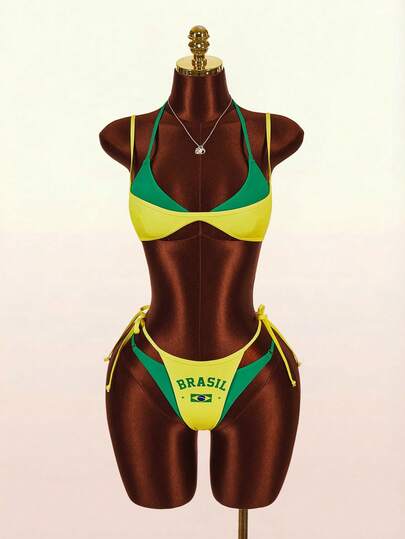 Amplova Conjunto de traje de baño para mujer, 2 en 1, contraste de color magenta y amarillo, sexy y vanguardista, adecuado para vacaciones en la playa