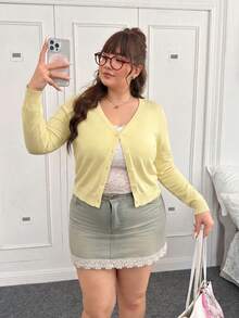 CovetEZ Cárdigan de botones de unicolor con cuello en V profundo, talla grande, amarillo mantequilla, para otoño/invierno - Amarillo claro - Ver 5