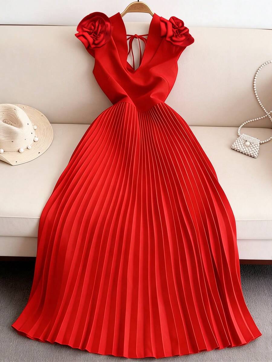 GlowEve CURVE Vestido de talla grande de unicolor con decoración floral 3D - Rojo - Ver 1