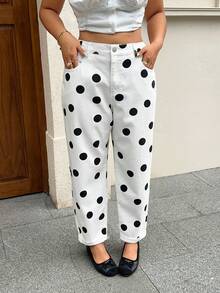 Rivivi Plus Size High Waist Polka Dot Mom Jeans - White - View 6
