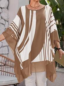 EMERY ROSE Plus Size Contrast Color Striped Batwing Sleeve Shirt - Coffee Brown - View 1