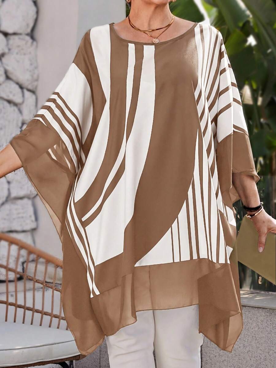 EMERY ROSE Plus Size Contrast Color Striped Batwing Sleeve Shirt - Coffee Brown - View 1