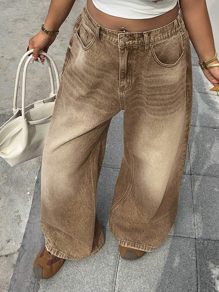 Dazy Plus Washed Distressed Brown Street Style Vintage Denim Jeans, Long Length, Plus Size, Suitable For Spring/Summer & All Seasons