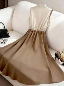 GlowEve Summer Beige Elegant Office Collarless Shirt Dress,V-Neck Colorblock Cinched Waist A-Line Silhouette,French Chic Retro Sleeveless Autumn Midi Dress - Multicolor - View 2