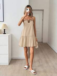 Easowa Đầm chữ A phối màu, kiểu dáng rộng rãi, thanh lịch, phong cách vintage, thích hợp cho nữ, thích hợp mặc đi làm, mùa xuân/hè. - Màu be - Xem 4