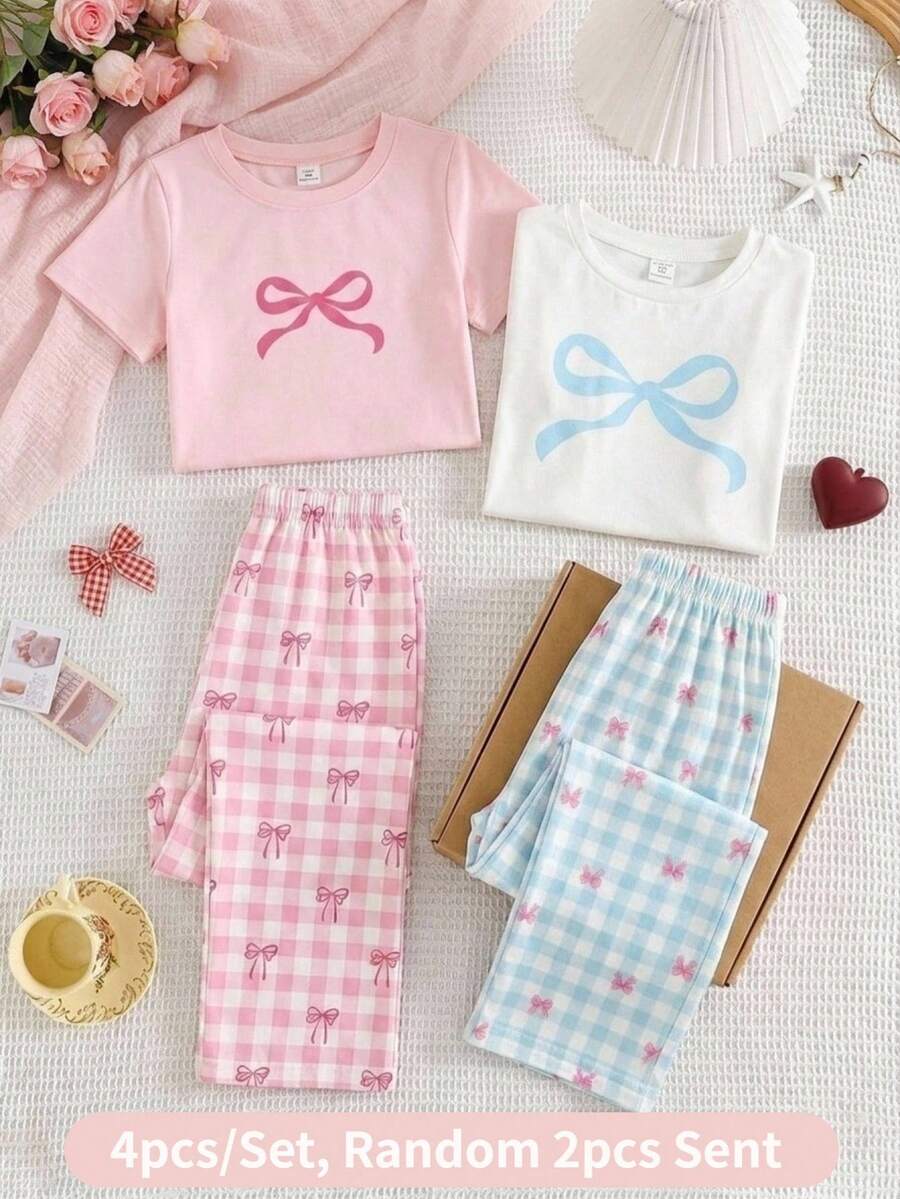 SHEIN 4件/套 隨機發送2件 青少年女孩蝴蝶結裝飾T恤與粉色格紋藍白圖案寬鬆睡褲,可愛夏季居家睡衣 - 藍白色 - 查看 1