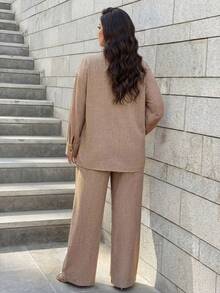 Auveirra Western Style Beach Vacation Solid Color Faux Denim Linen Loose Casual Plus Size Women 2 Pieces Set, Spring/Autumn Lounge Sets For Women Elegant - Khaki - View 2