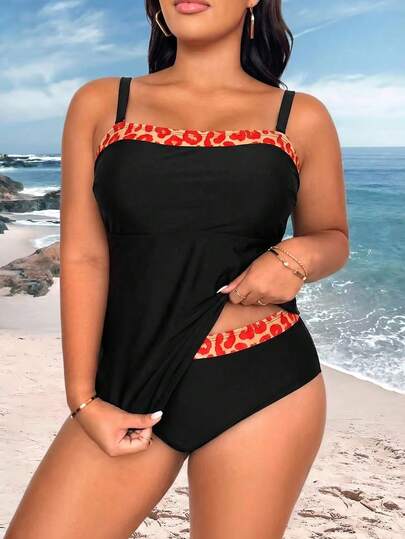 Swim Lushoire Bộ đồ bơi tankini hai dây phối họa tiết da báo dành cho nữ cỡ lớn